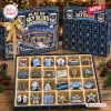 Front view of Play Up Sky Blues Christmas Advent Calendar with 24 numbered doors open to reveal themed keepsakes.