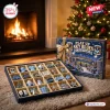 Front view of Play Up Sky Blues Christmas Advent Calendar open on a rug near a lit fireplace.