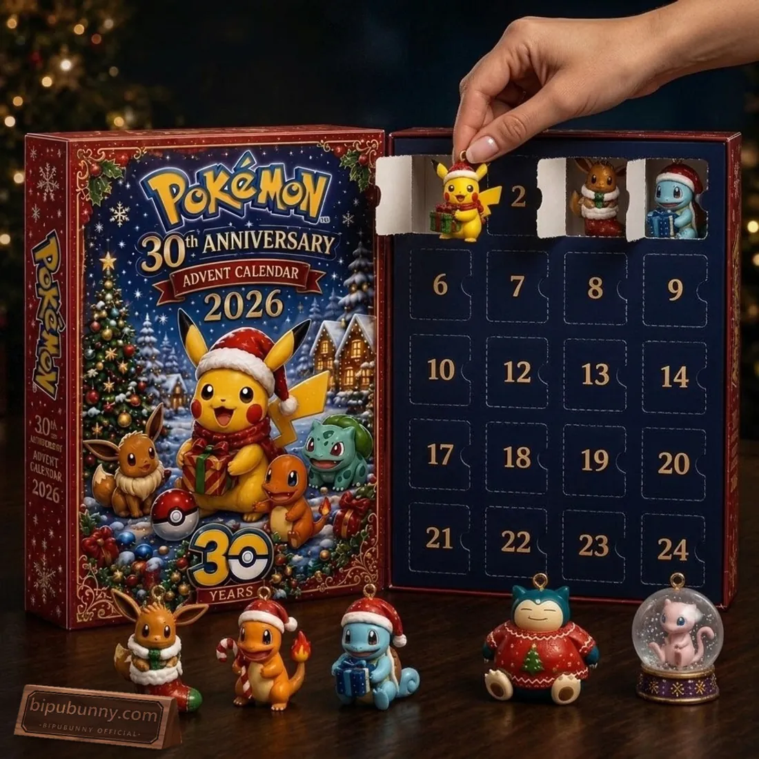 Open Pokemon 30th Anniversary 2026 Advent Calendar showing the midnight-navy 24-door interior tray, Santa Pikachu in Door 1, and freestanding 3D ornaments