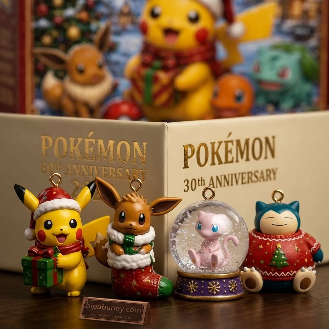 Macro close-up of 3D molded ornaments showing gift-holding Santa Pikachu, stocking Eevee, Mew snow globe on snowflake pedestal, and knit-sweater Snorlax