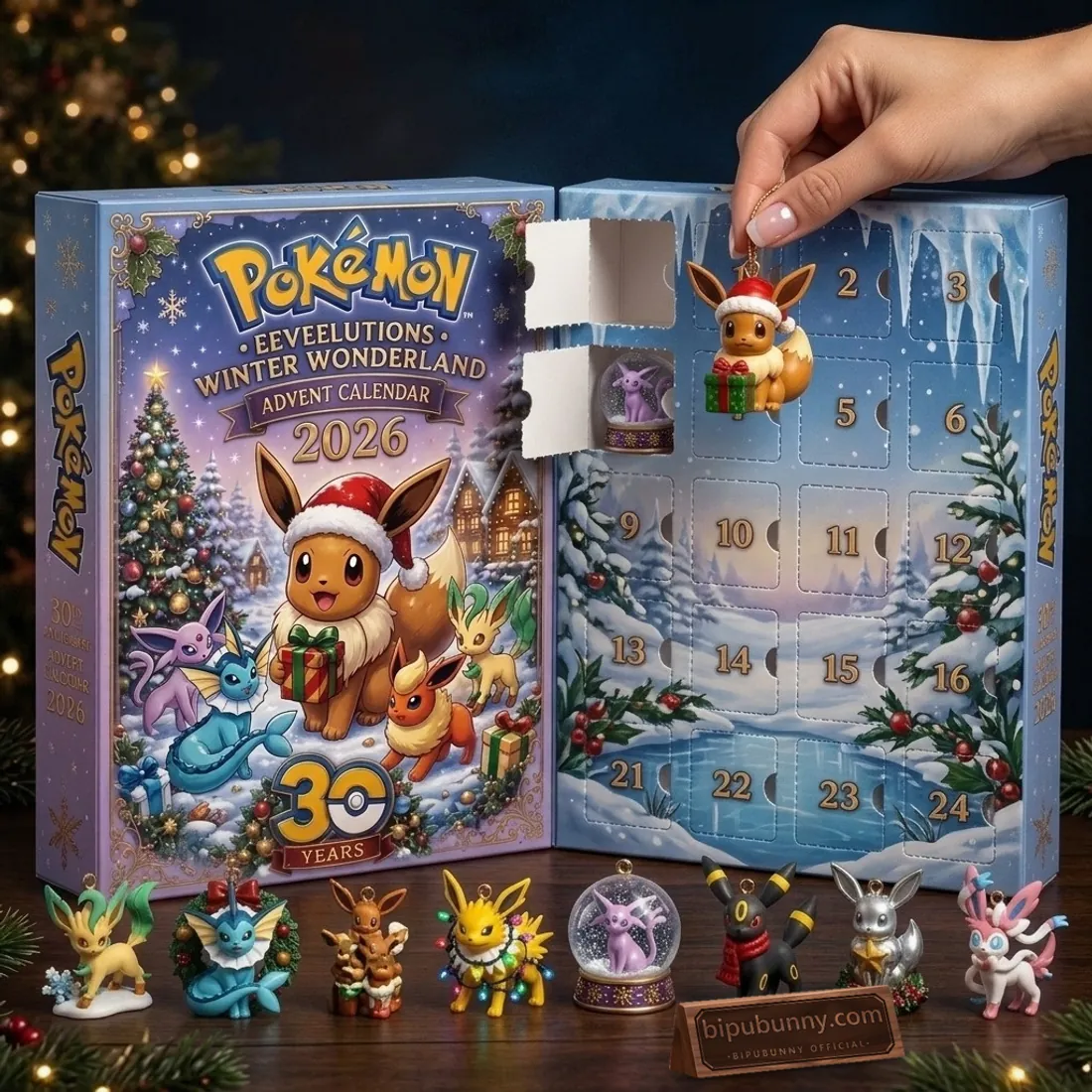 Open Pokemon 30th Anniversary Eeveelutions Winter Wonderland 2026 Advent Calendar showing the snowy 24-door interior grid, Santa Eevee, Espeon snow globe, and Eeveelution figures