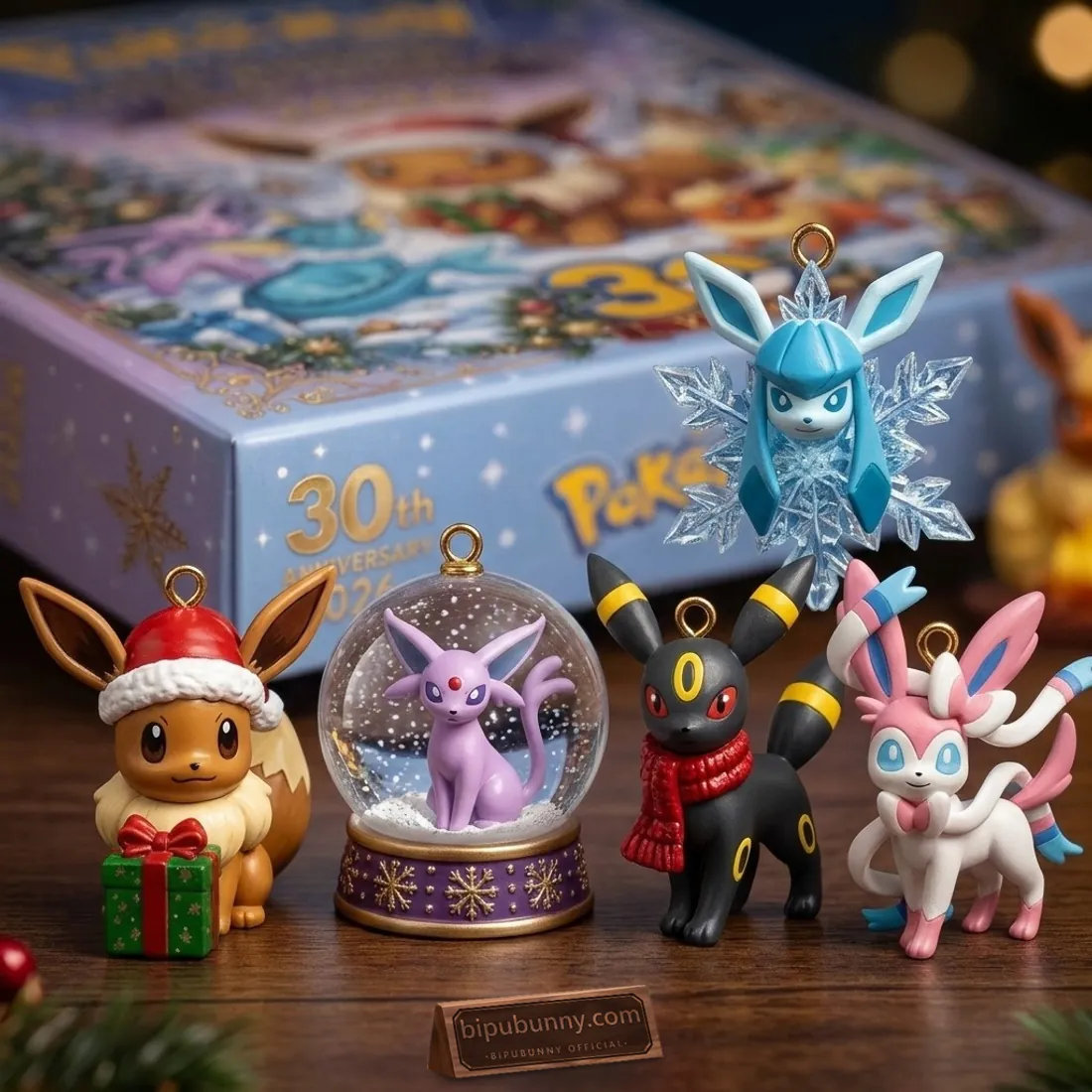 Close-up of 3D Eeveelution ornaments showing Santa Eevee, Espeon snow globe on snowflake pedestal, red-scarf Umbreon, crystal-snowflake Glaceon, and Sylveon