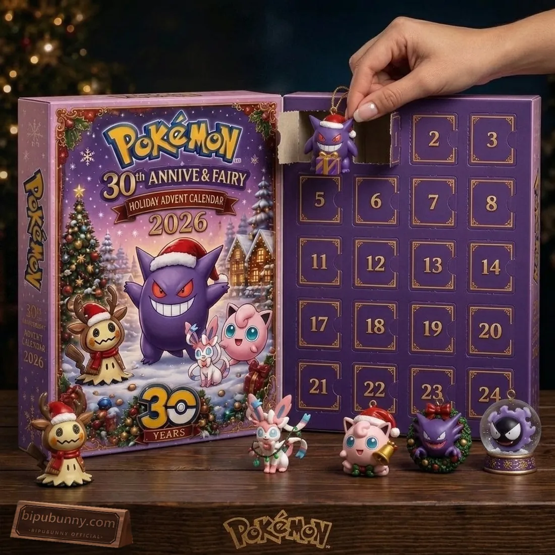 Open Pokemon 30th Anniversary Gengar and Mimikyu 2026 Advent Calendar showing 24 gold-numbered purple doors and 3D ornaments of Gengar, Mimikyu, Sylveon, Jigglypuff, and Gastly snow globe