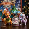 Front view of holiday figures including Charizard, Blastoise, and Mewtwo in front of a 2026 advent calendar.