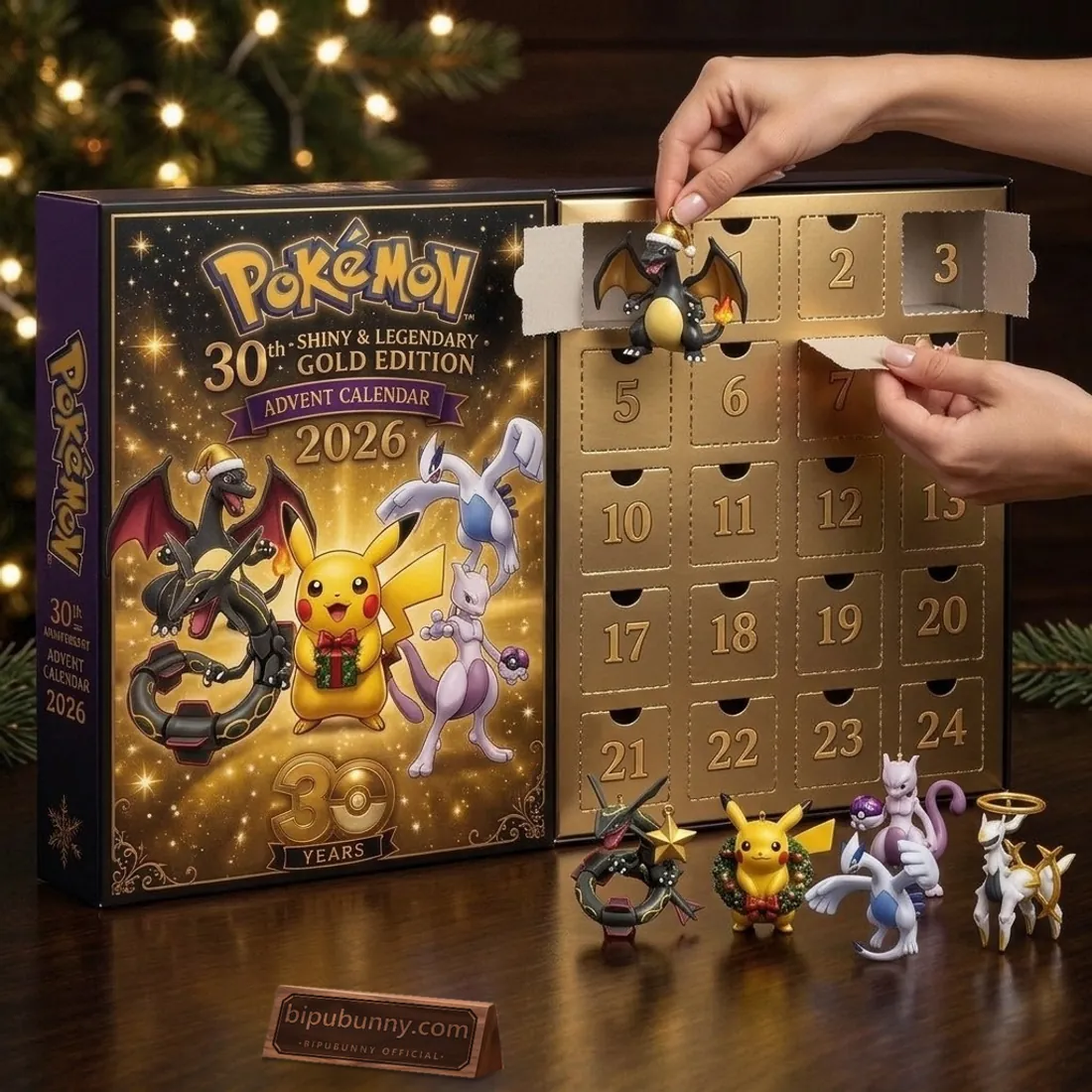 Open Pokemon 30th Anniversary Shiny and Legendary Master Ball Gold Edition 2026 Advent Calendar showing the brushed-gold 24-door interior grid and 3D Shiny Charizard ornament