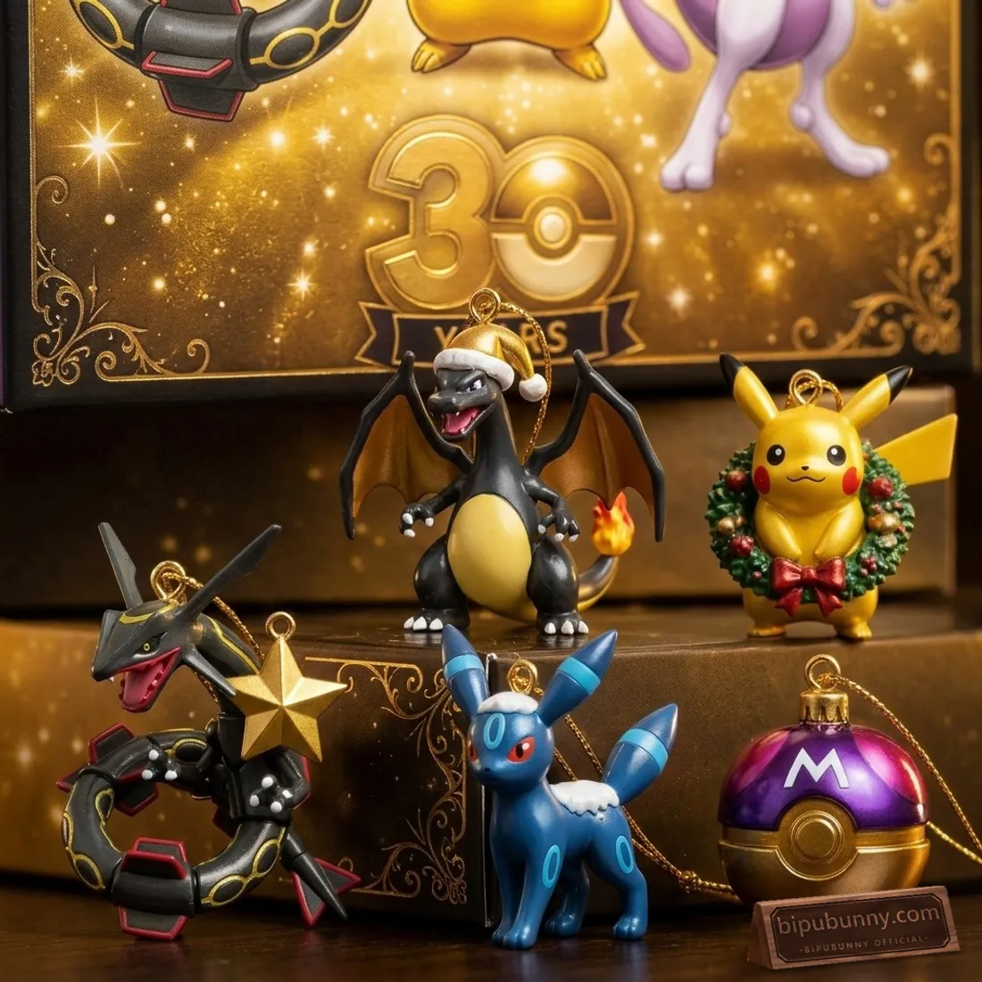 Close-up of 3D Shiny Charizard, Shiny Rayquaza, holly-wreath Pikachu, blue-ringed Shiny Umbreon, and purple-and-gold Master Ball ornaments