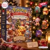 Front view of the Pokemon Christmas Holiday Advent Calendar box alongside hanging festive character charms.