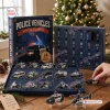 Front view of Police Vehicles Christmas Advent Calendar with open drawers and acrylic vehicle ornaments displayed.