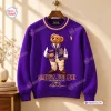 Front view of Polo Ralph Lauren x Omega Psi Phi purple sweatshirt featuring a teddy bear graphic.