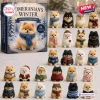 Front view of Pomeranian Winter Advent Calendar 2026 box and twenty four miniature dog figurines.