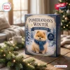 Front view of Pomeranian Winter Advent Calendar 2026 box featuring a fluffy dog in a blue scarf amidst snowy trees.