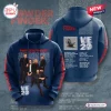 Front and back view of a blue Powderfinger 2027 tour hoodie with band photos and dates.