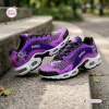 Side view of Prince Purple Air Max Plus Sport Shoes resting on concrete steps outdoors.