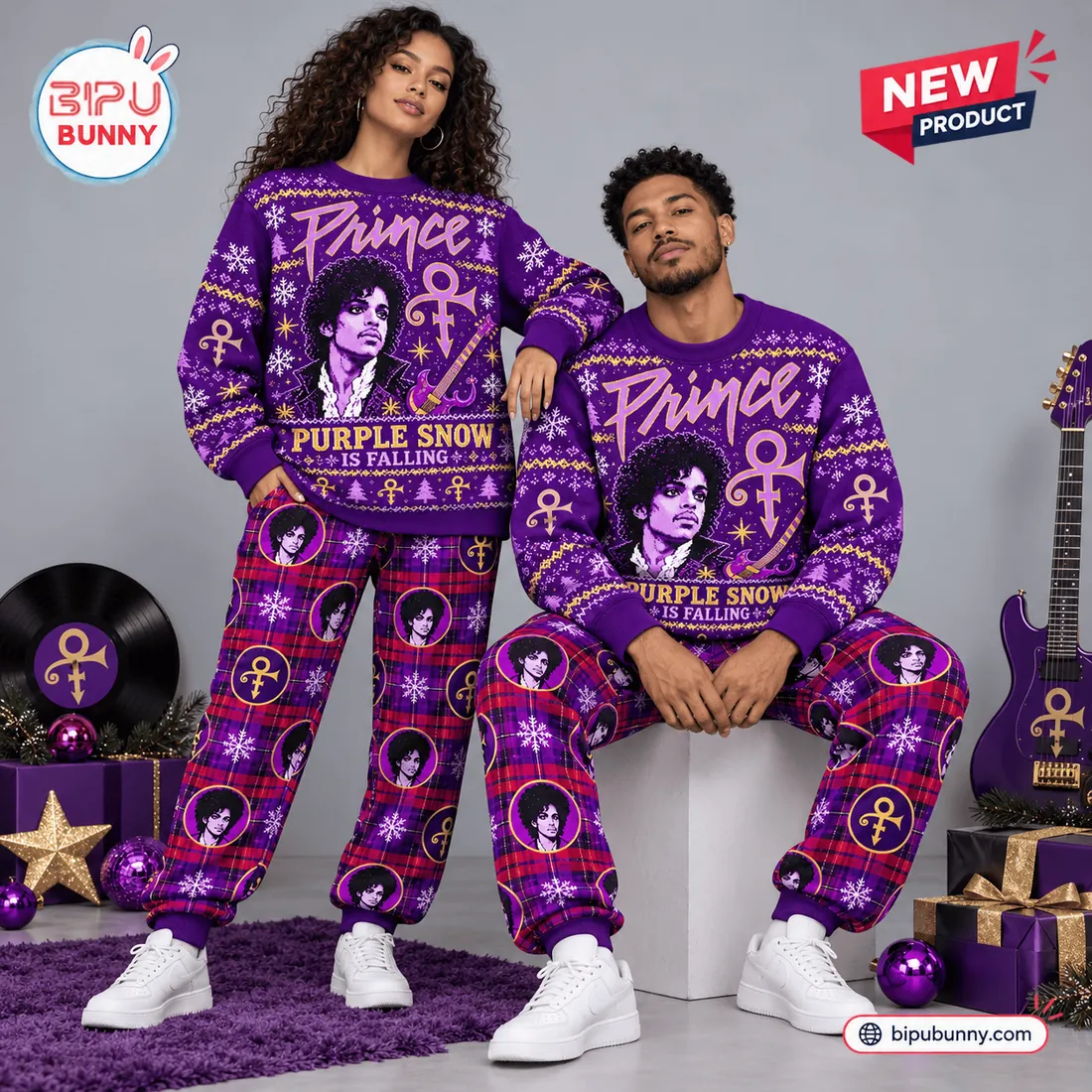 Couple wearing matching Prince purple Christmas sweater and jogger sets with Cloud guitar display