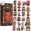 Front view of Pueblo Del Dia de Muertos 2026 Advent Calendar box next to collectible skeleton figurines.