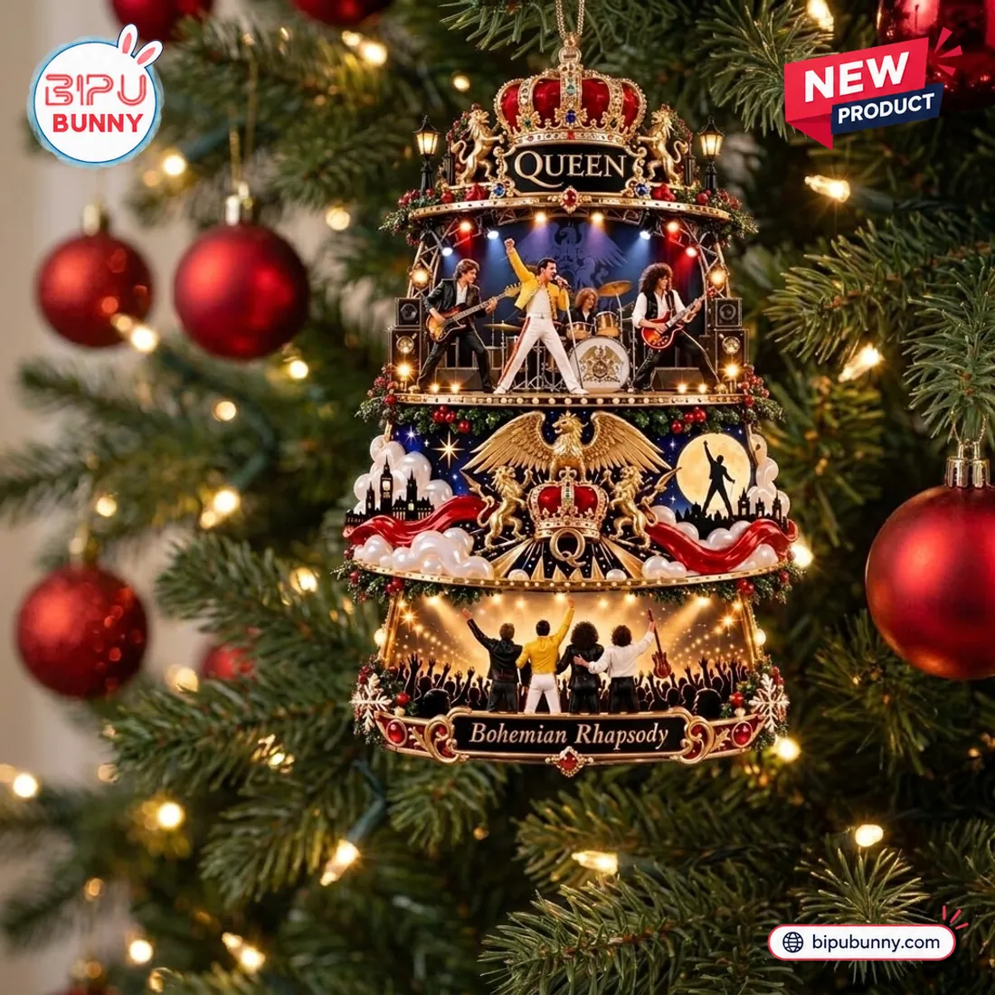 Front view of Queen Bohemian Rhapsody Christmas Ornament hanging on a lit tree.