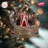 Front view of Queen We Will Rock You Christmas Ornament featuring miniature band figures inside a robotic hand.