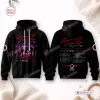 Front and back view of a black hoodie with red tour graphics and text.