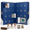 Front view of a blue and white Real Madrid 2026 Advent Calendar with numbered compartments open to reveal mini figures and a trophy.