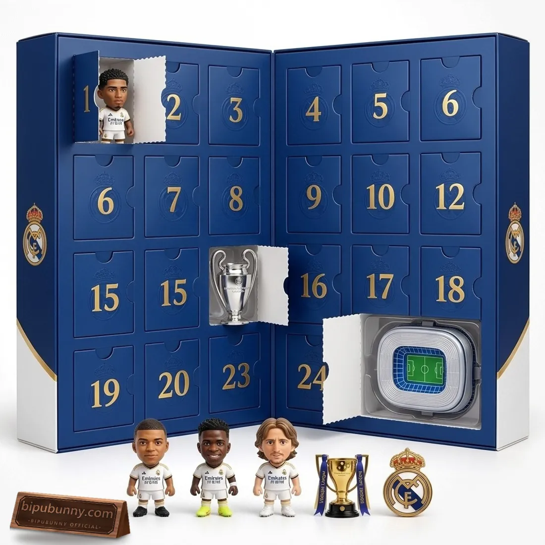 Open double-page Real Madrid 2026 Advent Calendar in midnight navy showing numbered doors, Los Blancos player figurines, European Cup trophy, and modern Santiago Bernabeu model