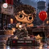 Front view of Richie Tozier Funko Pop Figure holding a flashlight on a themed base with a red balloon and paper boat.