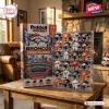 Front view of Riddell Denver Broncos Mini Helmet Advent Calendar packaging beside a clear display case filled with mini football helmets.
