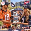 Lifestyle view of fans holding a Riddell Denver Broncos Mini Helmet Advent Calendar outdoors.