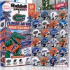 Front view of the Riddell Florida Gators Speed Mini Helmet Advent Calendar packaging next to a display case of mini helmets.