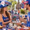 Two fans holding a Riddell Florida Gators Speed Mini Helmet Advent Calendar outdoors.