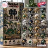 Front view of Riddell Notre Dame Fighting Irish mini helmet advent calendar box next to a display case of 24 helmets.