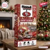 Front view of Riddell San Francisco 49ers Mini Helmet Advent Calendar on a wooden table.