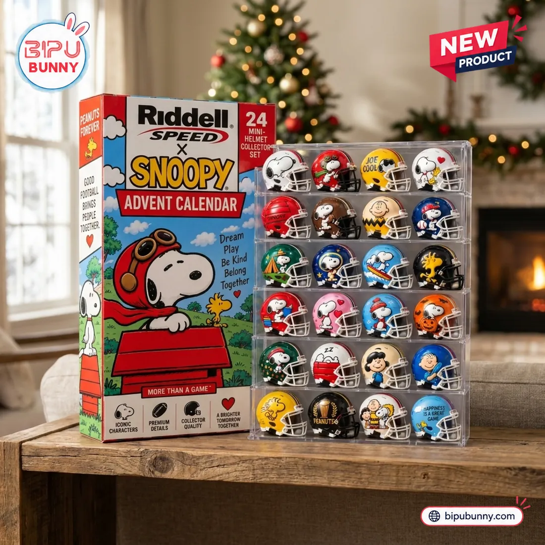 Front view of Riddell Snoopy Christmas Mini Helmet Advent Calendar with twenty-four mini helmets in display case.