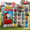 Front view of the Riddell Snoopy Christmas Mini Helmet Advent Calendar packaging next to a display case of collectible mini helmets.