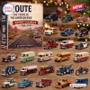 Front view of the Route 66 100 Years Advent Calendar box displayed with twenty-four miniature vehicles.