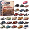 Front view of Route 66 100 Years Advent Calendar box alongside twenty-four toy vehicles.
