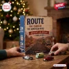 Front view of Route 66 100 Years Advent Calendar on a wooden table with miniature toy vehicles.