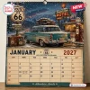 Front view of Route 66 Road Trip 2027 Wall Calendar showing January page with classic car illustration.