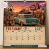 Front view of the Route 66 Road Trip 2027 Wall Calendar showing the February page with a vintage car illustration.