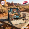 Front view of a Route 66 Road Trip 2027 Wall Calendar on a wooden table outdoors.