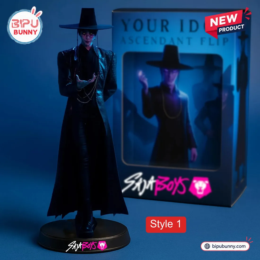 Style 1 Saja Boys Kpop Demon Hunters PVC Toy Figurine featuring solo Jinu in black coat and gat hat with collector box