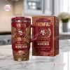 Front view of a San Francisco 49ers 80th Anniversary Stainless Steel Tumbler with matching box on a kitchen counter.