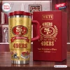 Front view of gold San Francisco 49ers 80th Anniversary Tumbler Cup with matching gift box.
