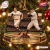Front view of San Francisco Giants Bobby Thomson Ornament featuring two baseball players on a stadium base.