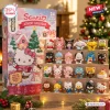 Front view of Sanrio Hello Kitty Christmas Advent Calendar packaging with twenty four toy figures displayed on tiered shelves.