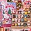 Front view of Sanrio Hello Kitty Christmas Advent Calendar packaging with twenty-four displayed holiday figurines on a wooden shelf.