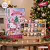 Front view of Sanrio Hello Kitty Christmas Advent Calendar packaging next to twenty-four collectible holiday figures on wooden display steps.