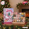 Front view of Sanrio Hello Kitty Christmas Advent Calendar next to a wooden display stand with twenty four miniature figures.