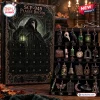 Front view of an SCP-049 Gothic Plague Doctor Advent Calendar box next to its numbered display tray of figurines.
