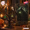 Black branch tree holding hanging charms next to an SCP-049 Gothic Plague Doctor Advent Calendar box.
