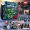 Front view of Seattle Seahawks 2026 Advent Calendar box alongside various holiday character and football ornaments.